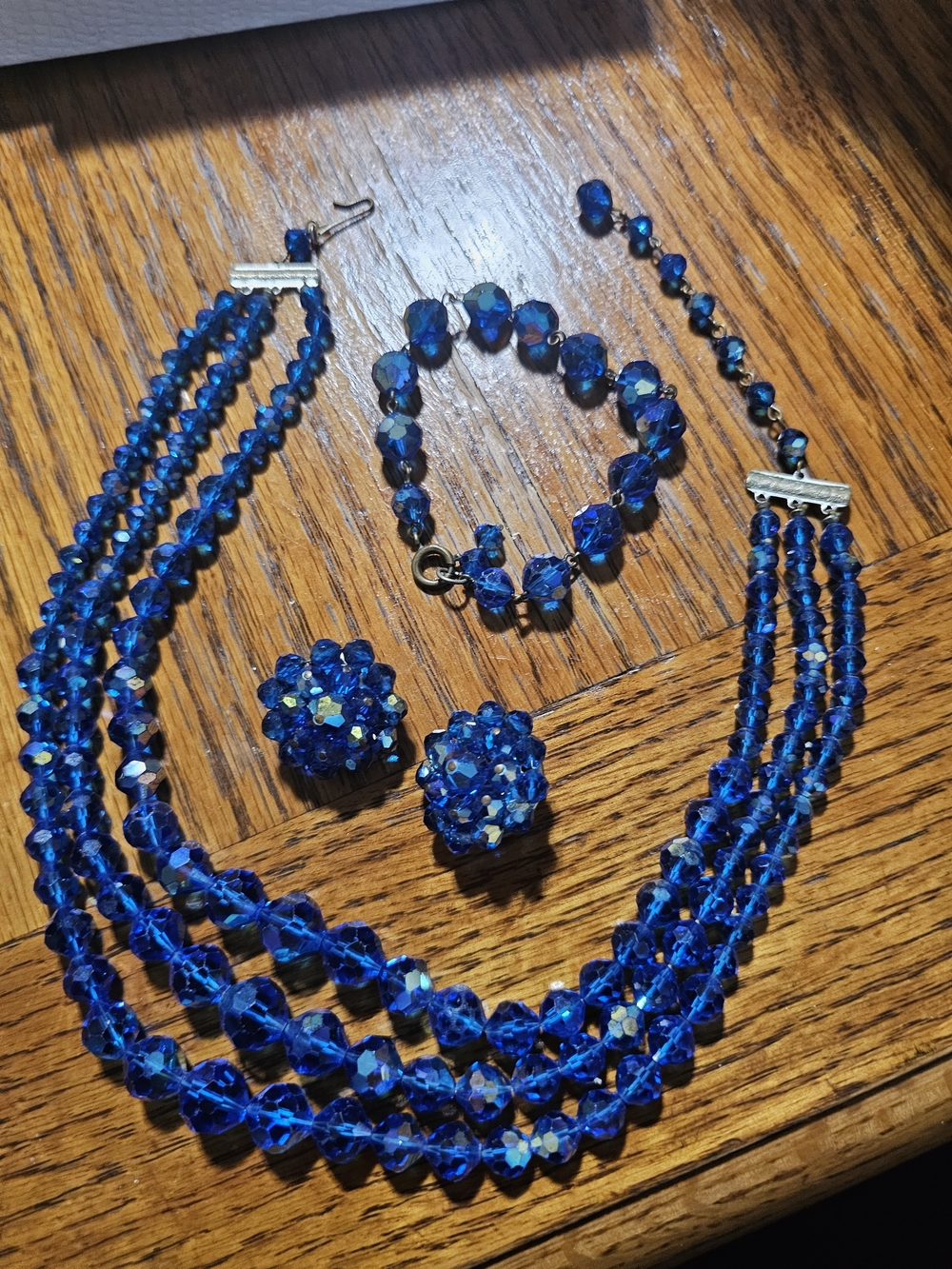 Blue Crystal Multi-Strand Necklace, Bracelet and Clip-On Earrings Set